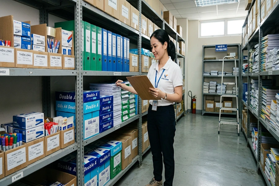 Nhân viên hành chính cầm bảng kẹp giấy kiểm tra kho lưu trữ vật tư văn phòng phẩm và thùng giấy in trên kệ