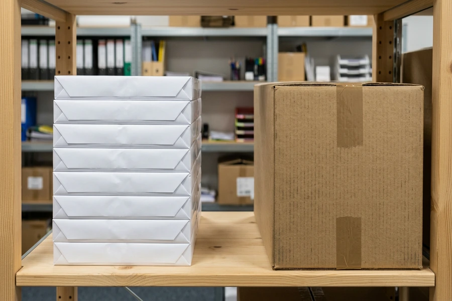Các ram giấy in bọc màng chống ẩm xếp cạnh thùng carton bảo vệ trên kệ kho