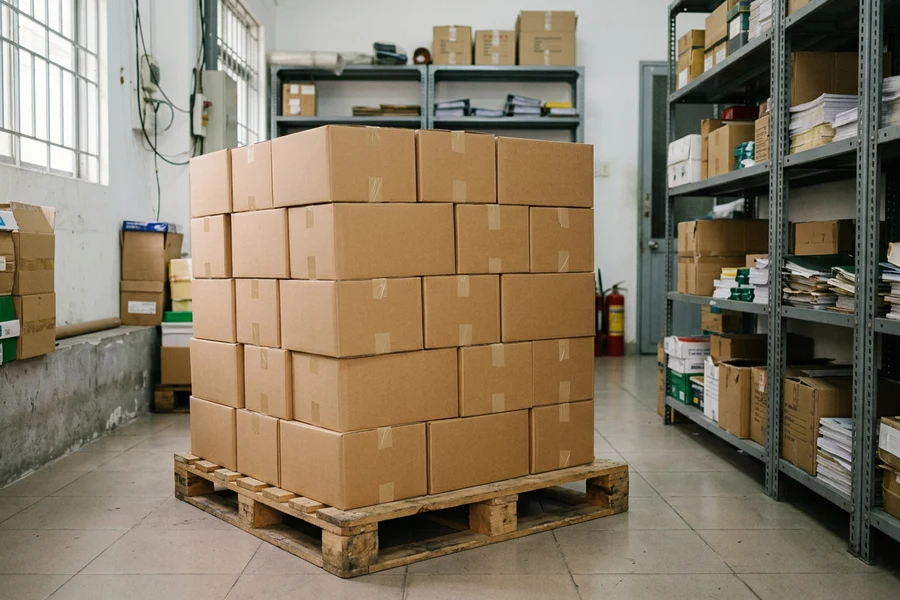 Các thùng giấy in xếp ngay ngắn trên pallet trong kho văn phòng phẩm