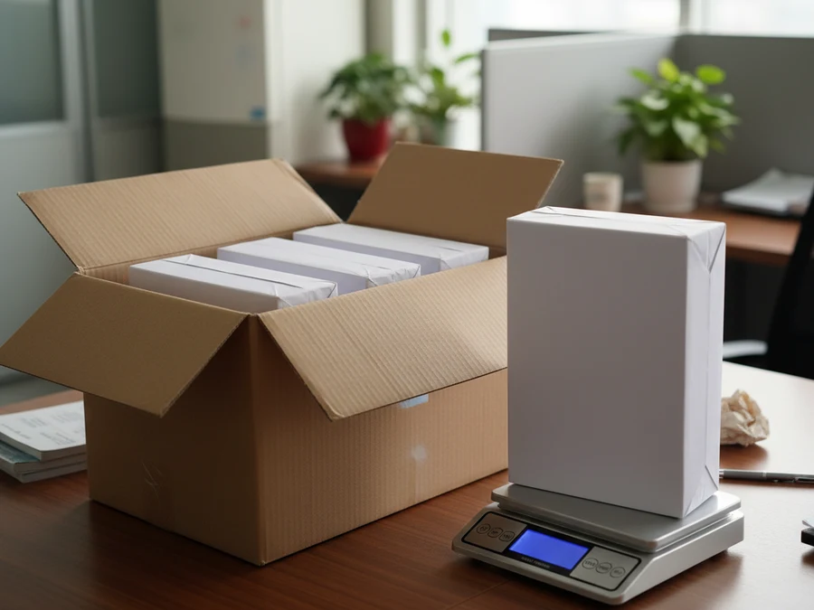 Thùng giấy mở nắp với 5 ram giấy A4 bên trong, một ram đặt trên cân điện tử