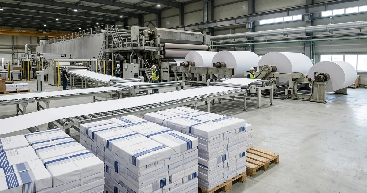 Dây chuyền sản xuất giấy in công nghiệp với các cuộn giấy lớn và kiện ram giấy đóng gói hoàn chỉnh