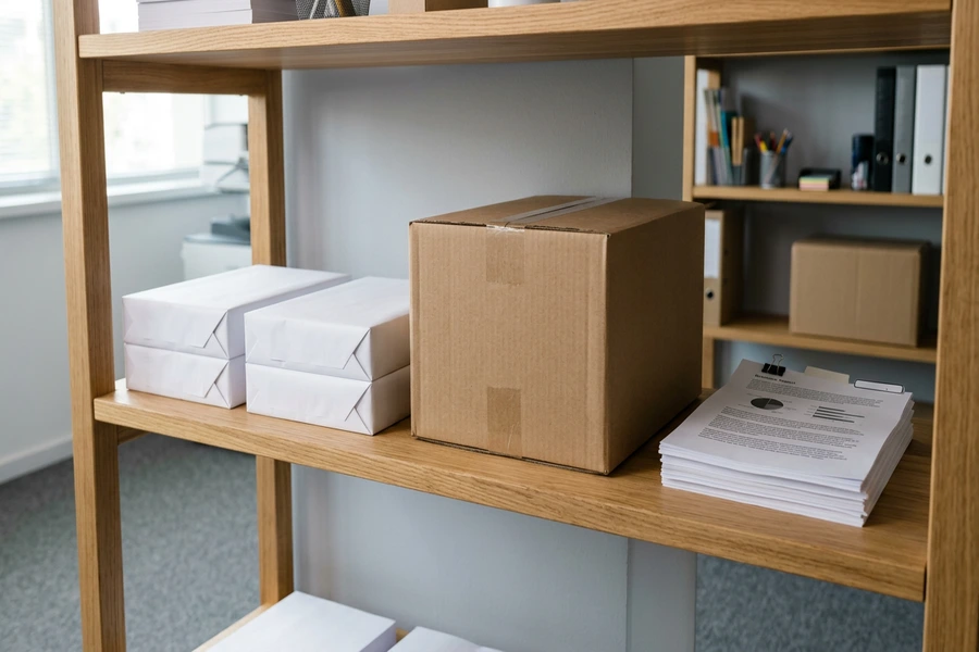 Các ram giấy in bọc kín và thùng carton lưu trữ trên kệ gỗ văn phòng bên cạnh xấp tài liệu đã in