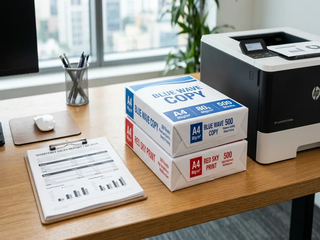 Chồng giấy in A4 xếp ngay ngắn cạnh máy in laser văn phòng.
