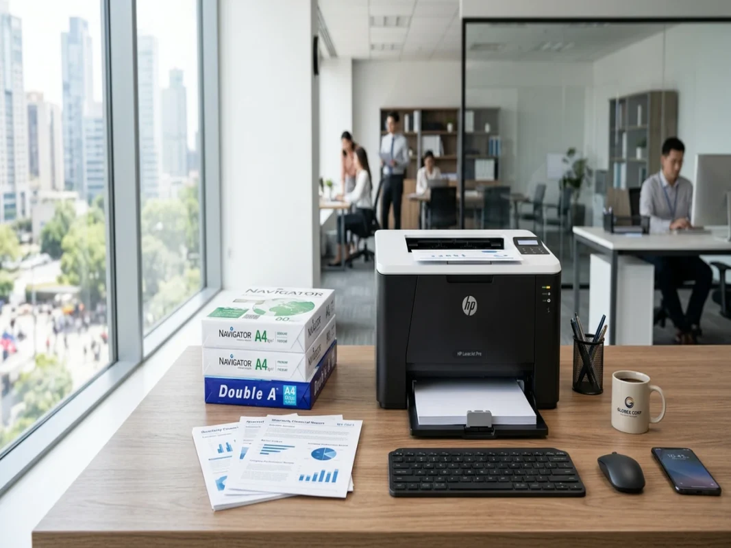 Bàn làm việc văn phòng với các ram giấy in A4 Clever Up, Double A và PaperOne cùng tài liệu in mẫu
