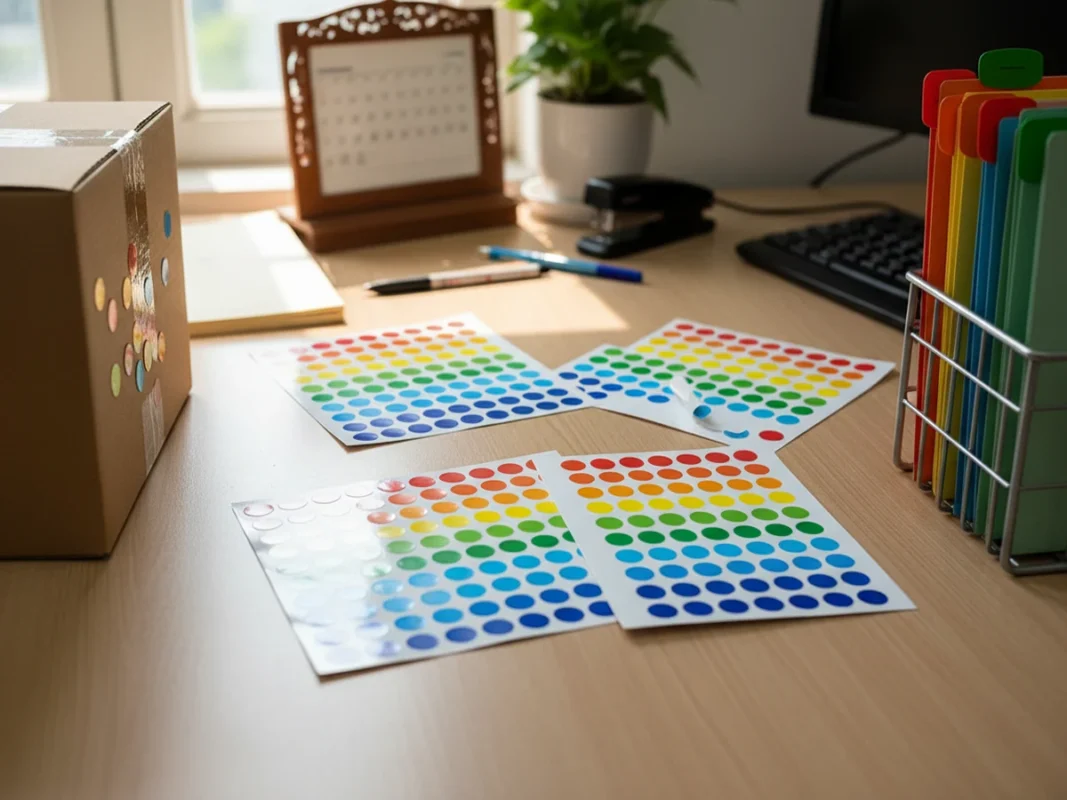 Tờ decal A4 tem tròn nhiều màu cùng tem đã dán lên thùng carton và bìa hồ sơ