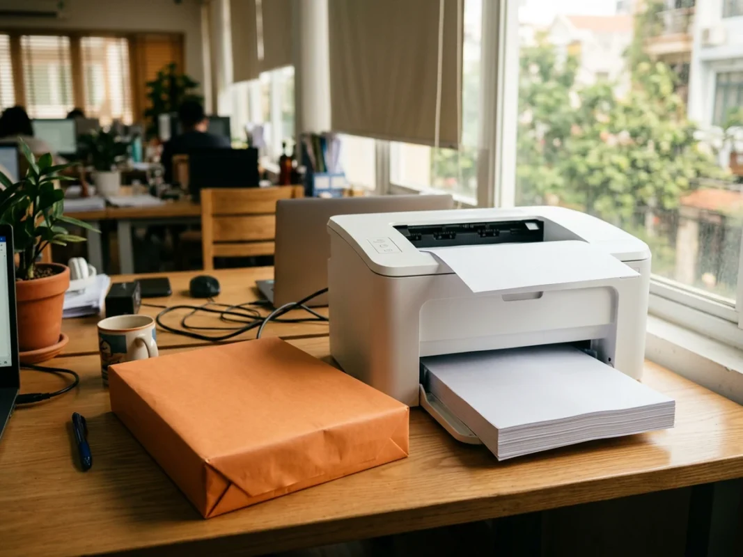 Ram giấy in A4 cạnh máy in laser văn phòng đang in tài liệu