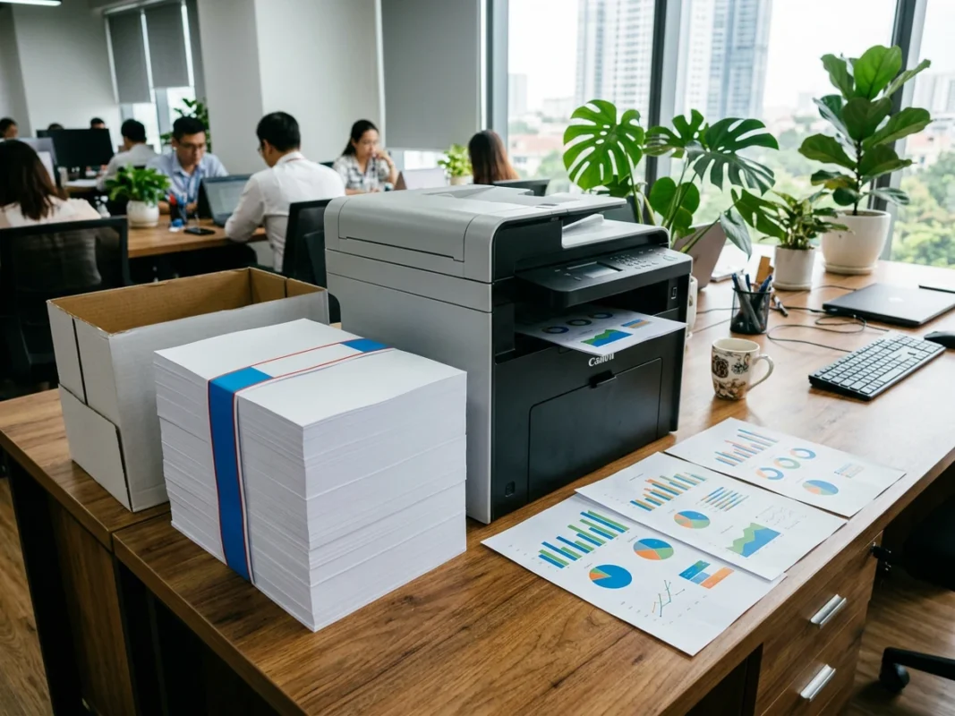 Xấp giấy in A4 trắng cạnh máy in đa năng và các bản in biểu đồ trên bàn gỗ