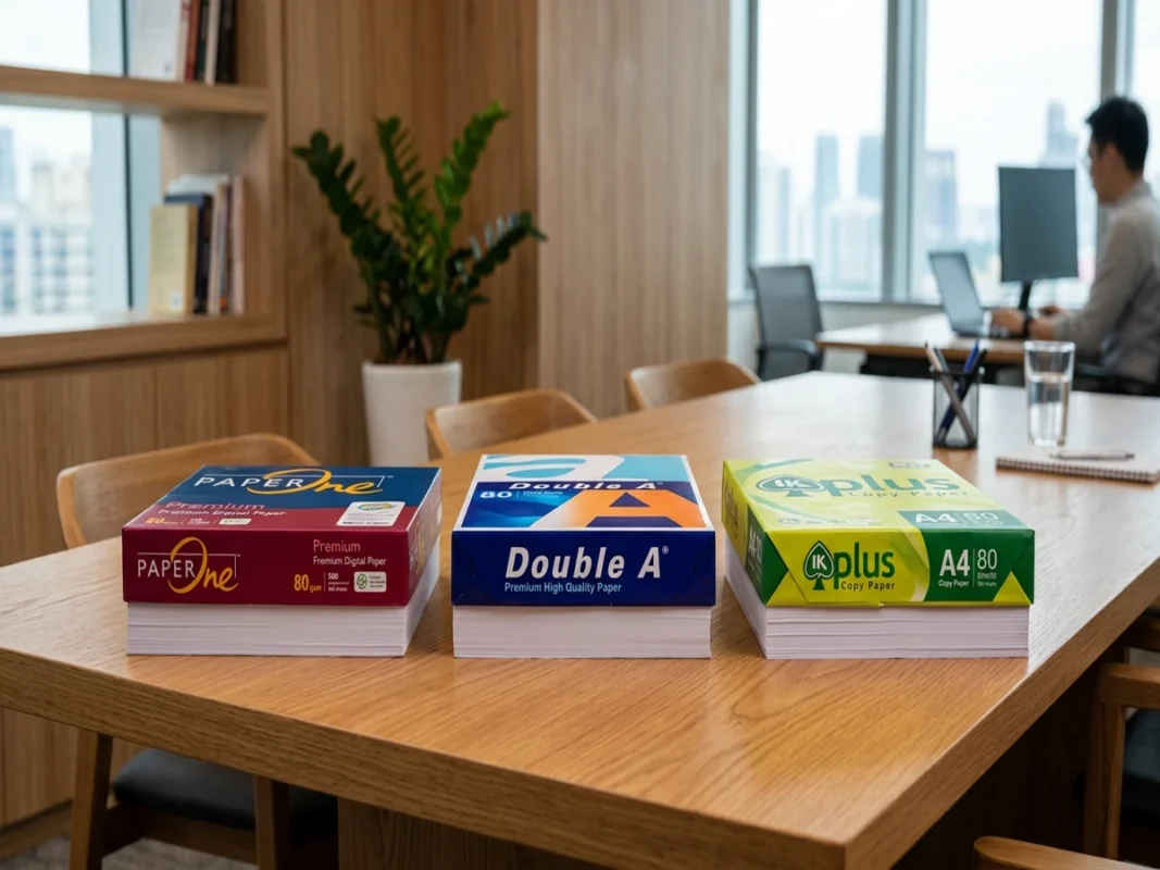 Ba ram giấy in A4 Paper One, Double A và IK Plus đặt cạnh tài liệu văn phòng
