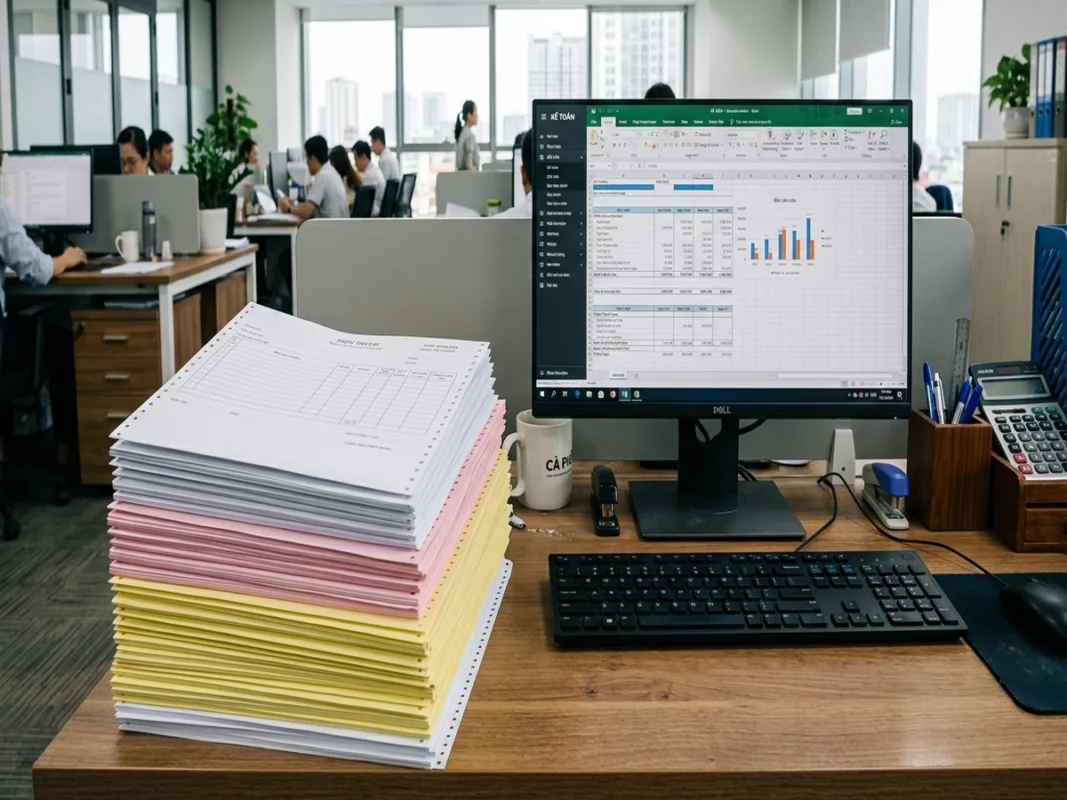 Xấp giấy in liên tục nhiều liên màu trắng hồng vàng đục lỗ biên xếp trên bàn kế toán cạnh màn hình máy tính