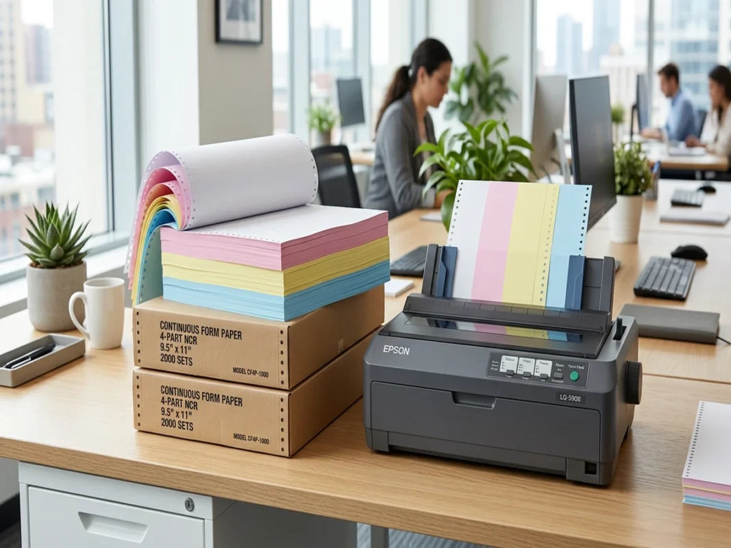 Tệp giấy in liên tục nhiều liên và thùng carton đặt cạnh máy in kim văn phòng