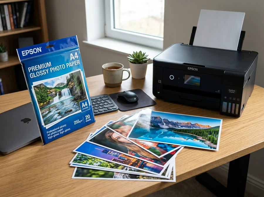 Tập giấy in ảnh Epson A4 cùng các bản in màu bóng sắc nét bên cạnh máy in phun