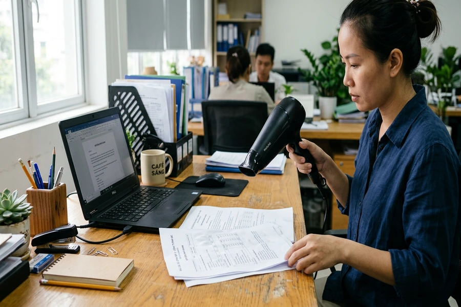 Dùng máy sấy tóc ở nấc gió mát, cầm xa xấp giấy in A4 bị ẩm trên bàn làm việc
