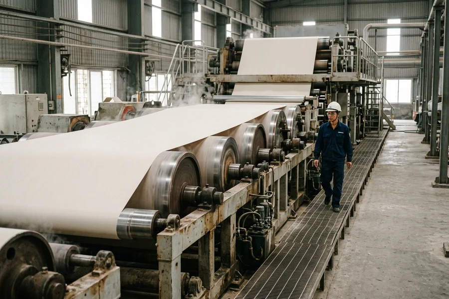 Băng giấy chạy qua các lô sấy của máy xeo trong nhà máy giấy