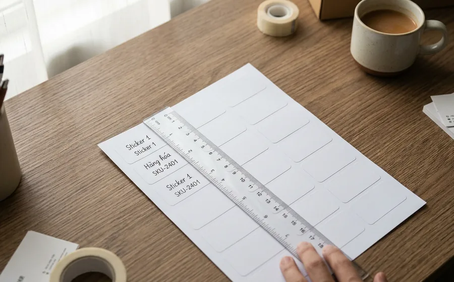 Đo lề trên và kích thước con tem trên tờ decal A5 bằng thước