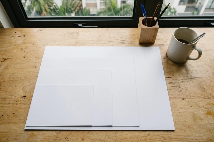 Các tờ giấy khổ A3, A4, A5, A6 xếp chồng thẳng một góc, mỗi khổ bằng nửa khổ trước