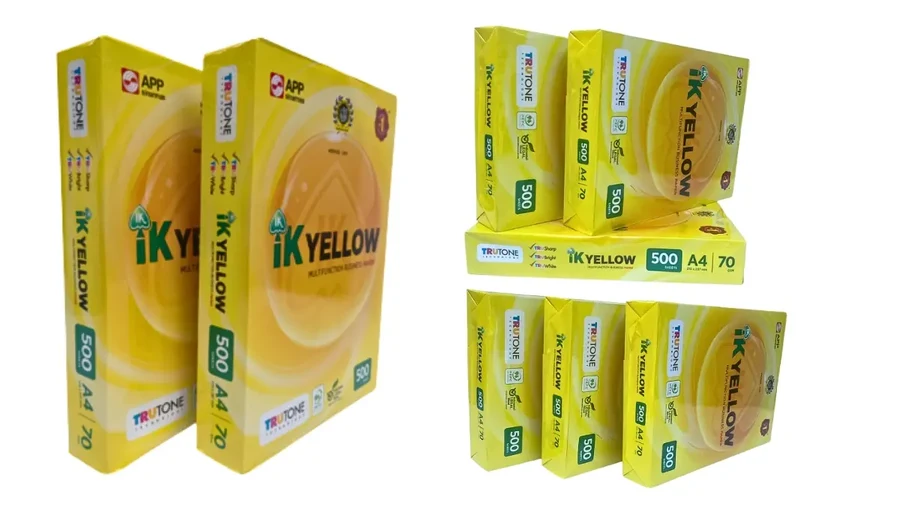 Ram giấy IK Yellow A4 70gsm 500 tờ, bao bì vàng in logo Trutone và APP