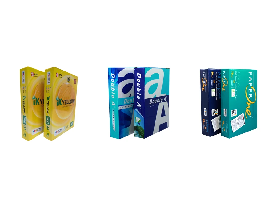 Ba ram giấy in IK Yellow Double A và Paper One đặt cạnh nhau