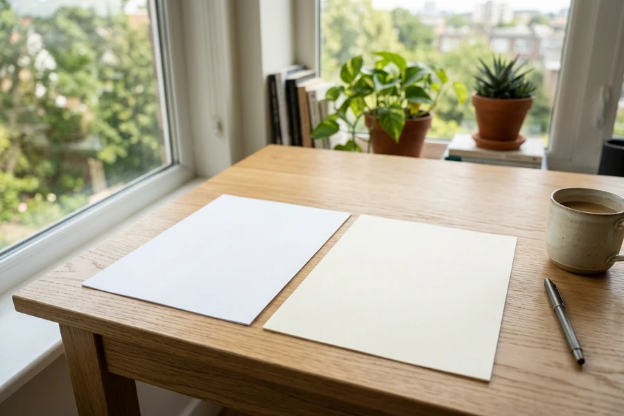 So sánh độ trắng và bề mặt của hai loại giấy A4 đặt cạnh nhau trên bàn gỗ