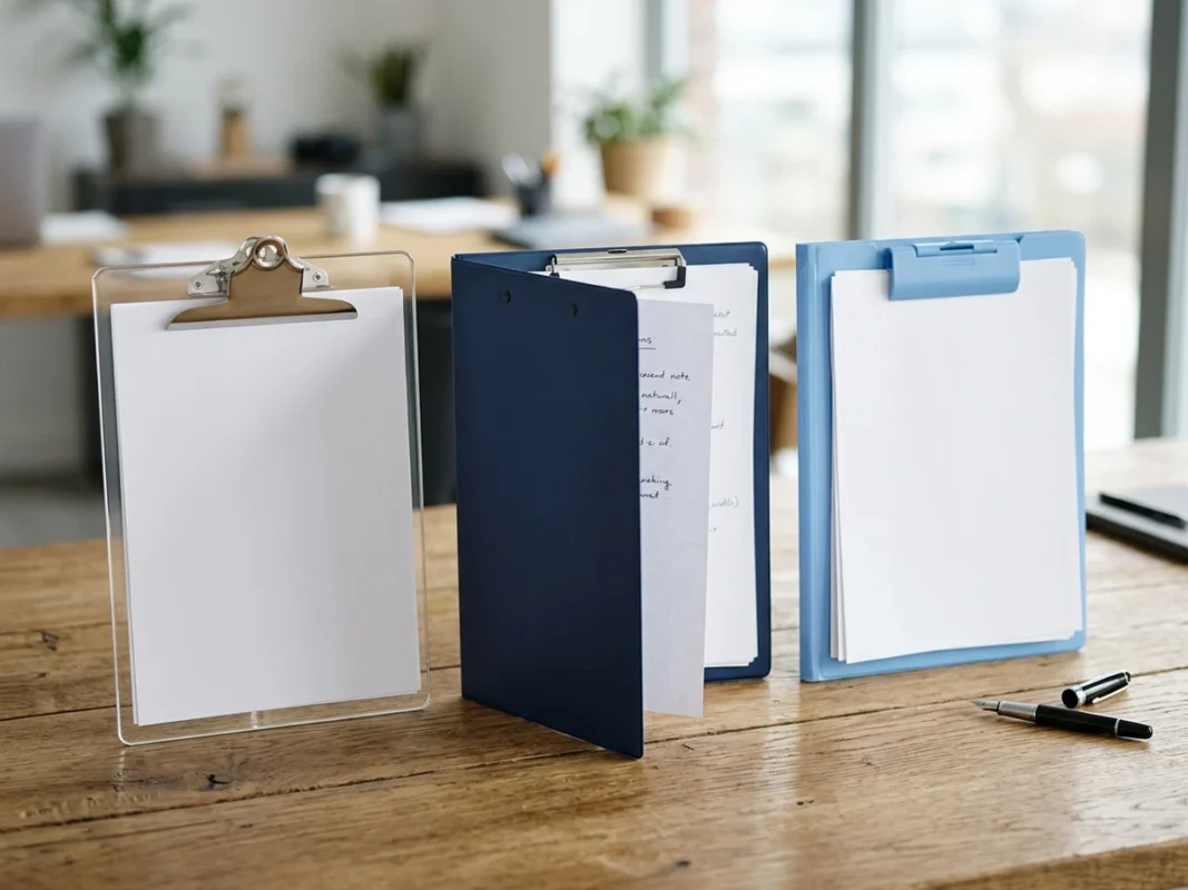 Ba mẫu bìa trình ký nhựa văn phòng gồm bìa mica trong suốt Xukiva, bìa đôi nắp gập Flexoffice và bìa kẹp nhựa đặt cạnh nhau trên bàn làm việc