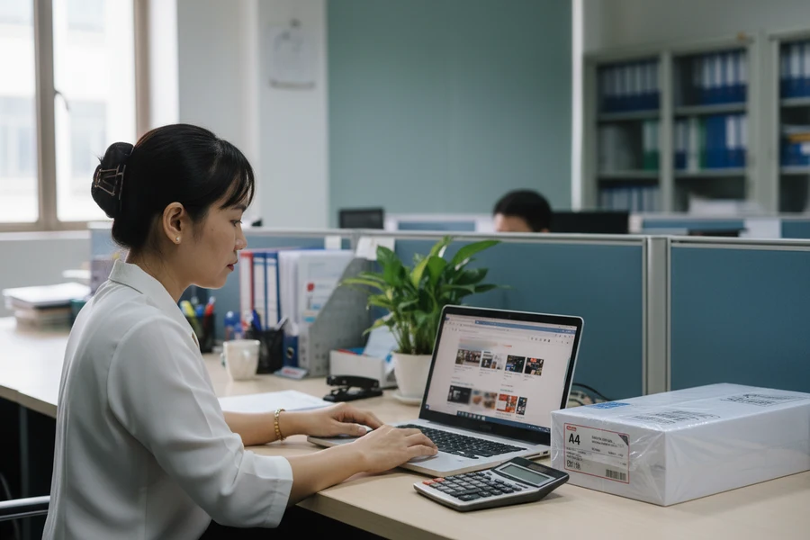 Nhân viên hành chính so sánh các lựa chọn mua giấy trên máy tính, bên cạnh ram giấy và máy tính cầm tay