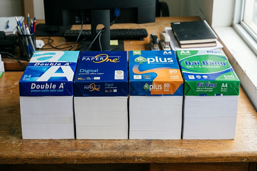 Bốn mẫu giấy in A4 thuộc các thương hiệu Double A, PaperOne, IK Plus và Bãi Bằng đặt cạnh nhau để so sánh bề mặt và độ trắng