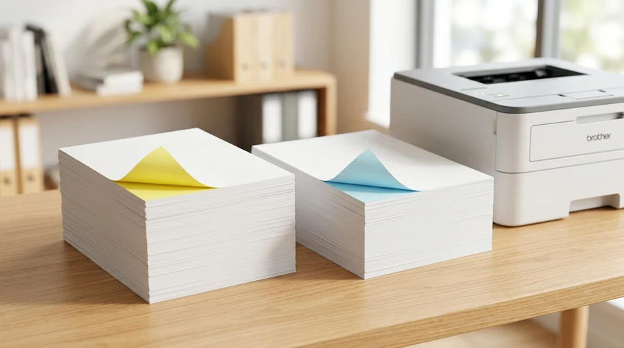 Xấp giấy decal A4 đế vàng và decal A4 đế xanh đặt cạnh máy in văn phòng trên bàn làm việc