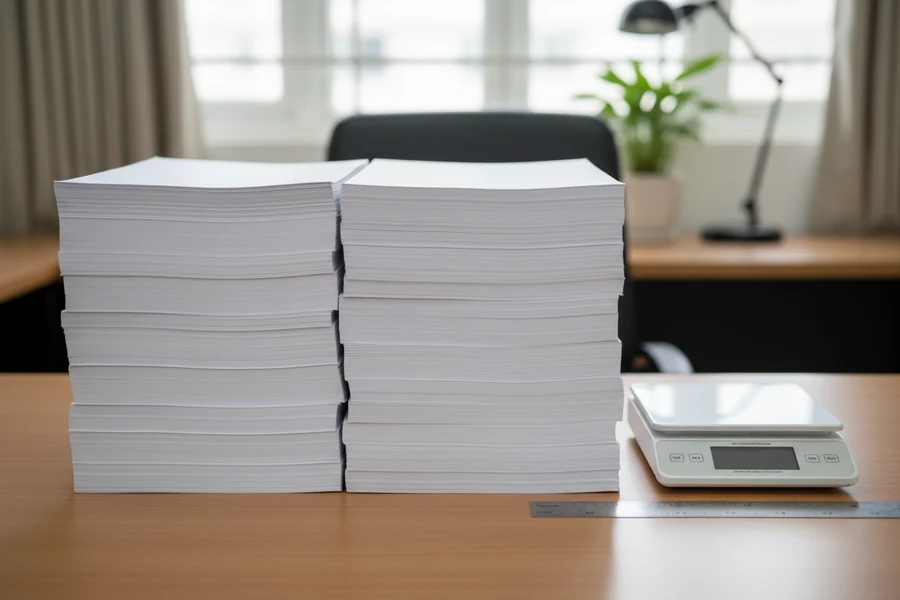 Hai xấp giấy in 70gsm và 80gsm đặt cạnh cân điện tử và thước thép