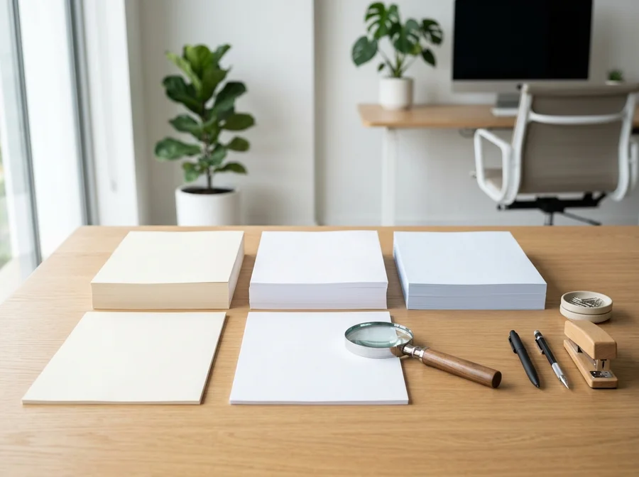 So sánh các tệp giấy A4 với sắc độ trắng ngả vàng tự nhiên và trắng xanh hiện đại trên bàn làm việc