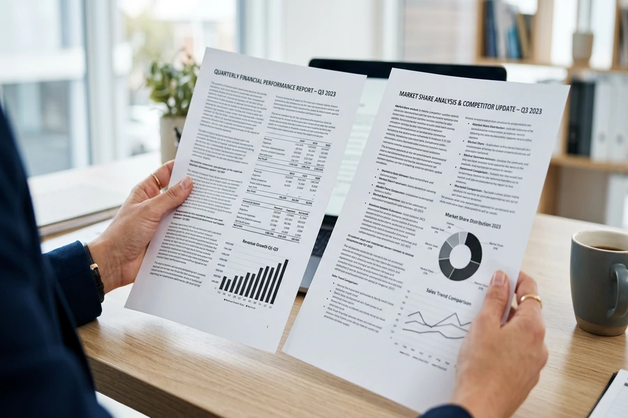 Nhân viên văn phòng đối chiếu độ tương phản và sắc nét của hai bản in báo cáo tài chính trên giấy trắng dày