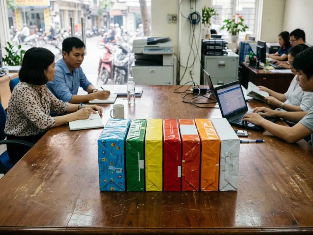 Các ram giấy A4 của nhiều thương hiệu xếp cạnh nhau trên bàn họp văn phòng