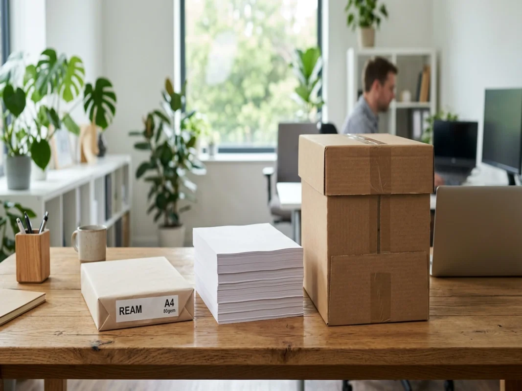 Bàn làm việc văn phòng với ram giấy in A4 bọc gói, một chồng giấy in trắng và thùng carton đựng giấy nguyên đai