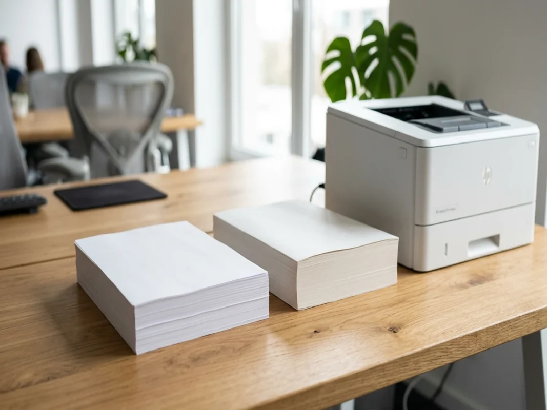 Hai xấp giấy in A4 định lượng 70gsm và 80gsm đặt cạnh máy in văn phòng trên bàn làm việc