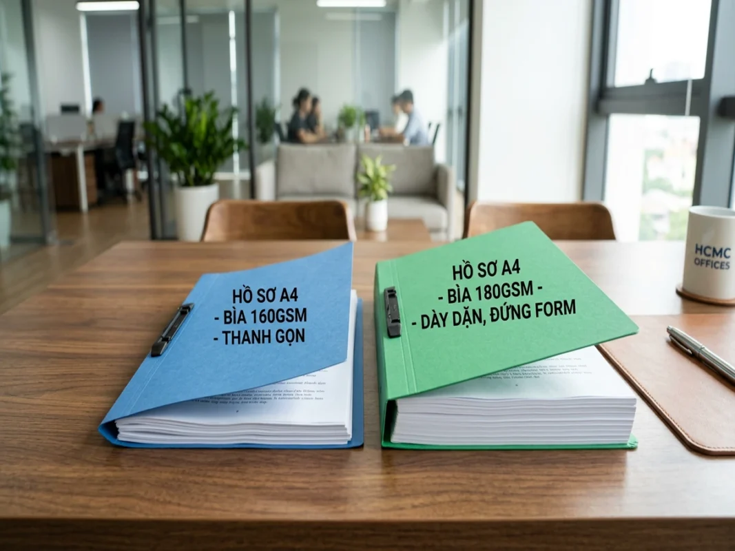 Hai tập hồ sơ A4 đóng bìa màu vàng chanh 160gsm gáy dập kim và bìa xanh dương 180gsm gáy lò xo còng xoắn nhựa đặt trên bàn làm việc