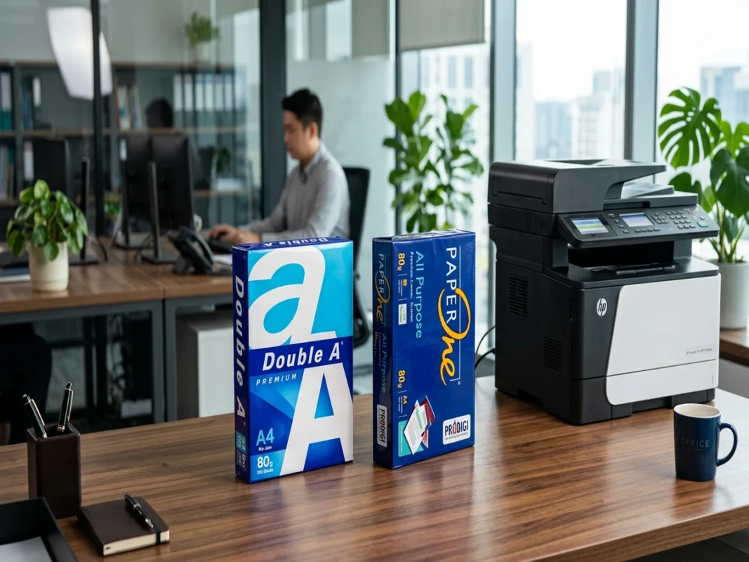 Hai ram giấy in Double A và Paper One đặt cạnh máy in văn phòng