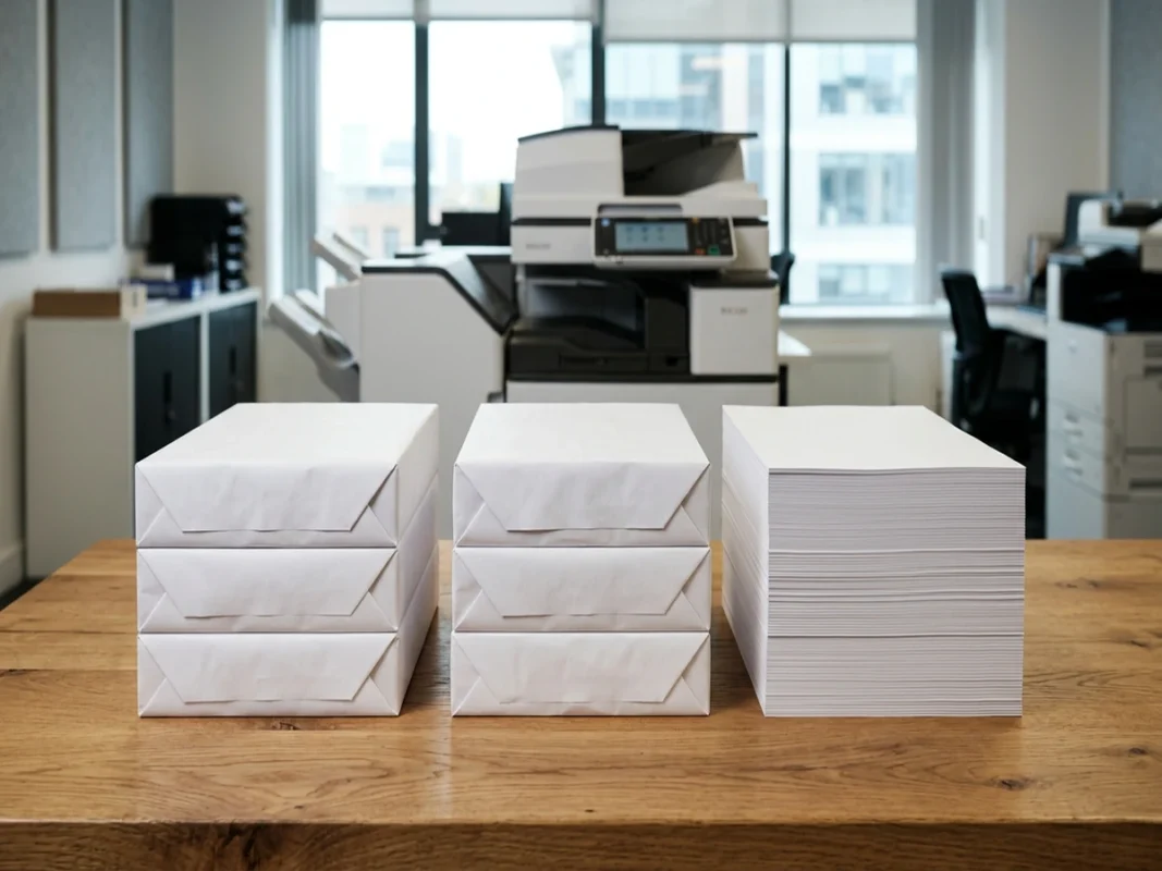 So sánh các ram giấy in A4 Excel, Double A và Paper One đặt cạnh máy in văn phòng