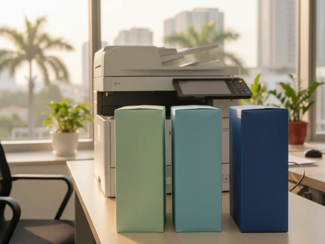 Ba ram giấy in A4 vỏ xanh lá, xanh nhạt và xanh đậm đặt cạnh máy photocopy văn phòng