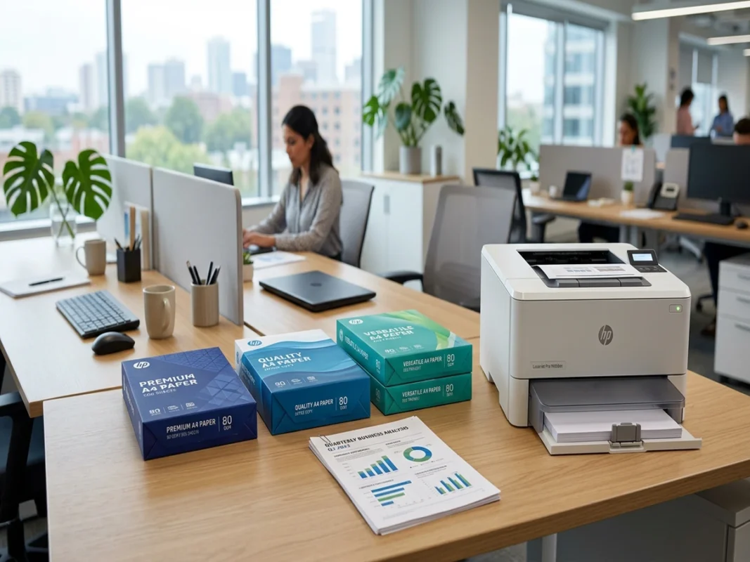 Ba ram giấy in A4 IK Plus, Double A và Paper One đặt cạnh nhau trên bàn văn phòng