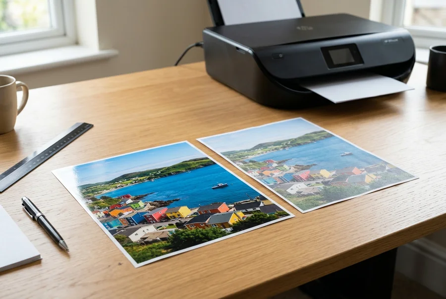 So sánh bản in ảnh trên giấy in ảnh bóng chuyên dụng bên trái và giấy photocopy thường bên phải