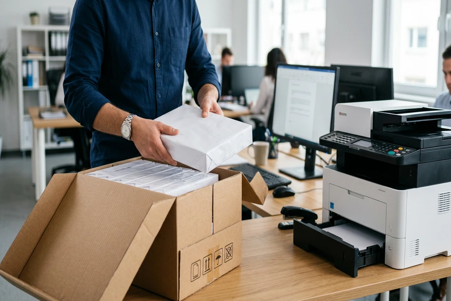 Nhân viên văn phòng đang mở thùng carton và lấy một ram giấy in bọc gói màu trắng đặt cạnh máy in văn phòng đa chức năng