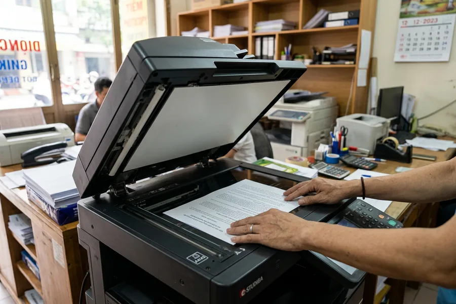 Đặt tài liệu giấy lên mặt kính máy photocopy để sao chụp