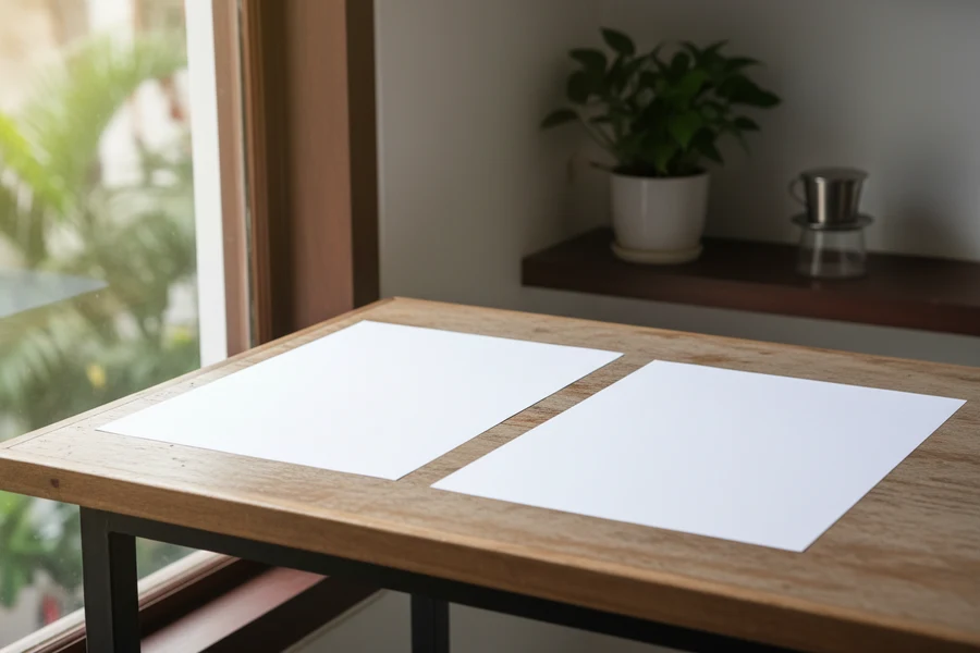 Hai tờ giấy in A4 trắng đặt cạnh nhau trên mặt bàn gỗ để so độ trắng