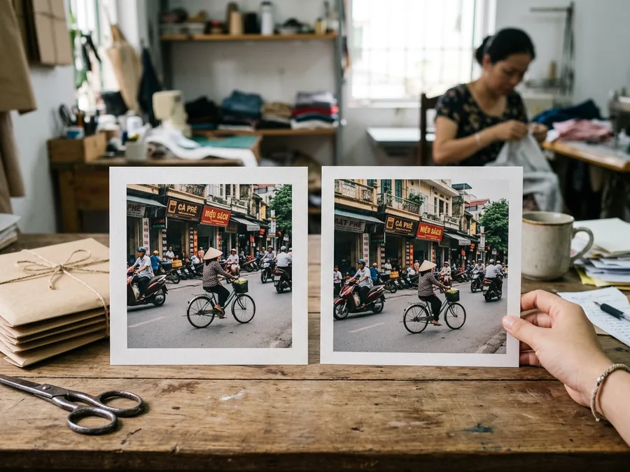 Hai bản in ảnh vuông: một bản bị cắt mất phần trên dưới, một bản giữ trọn bố cục kèm viền trắng