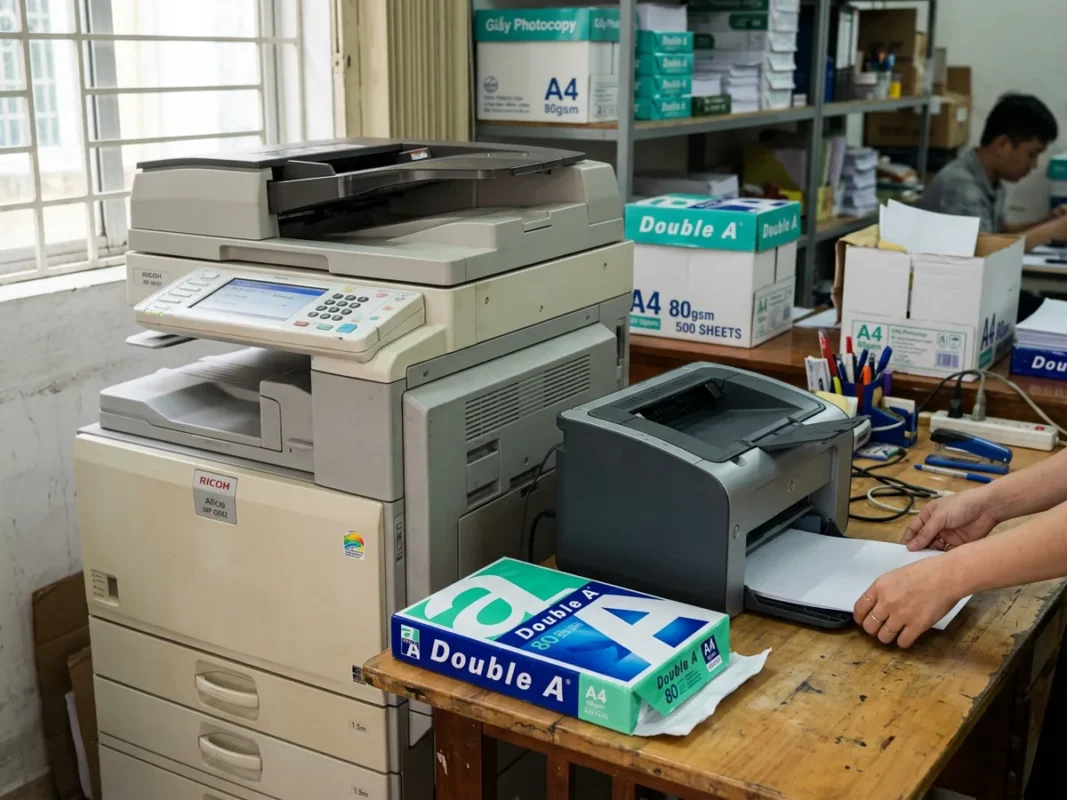 Máy photocopy và máy in laser văn phòng cạnh ram giấy A4