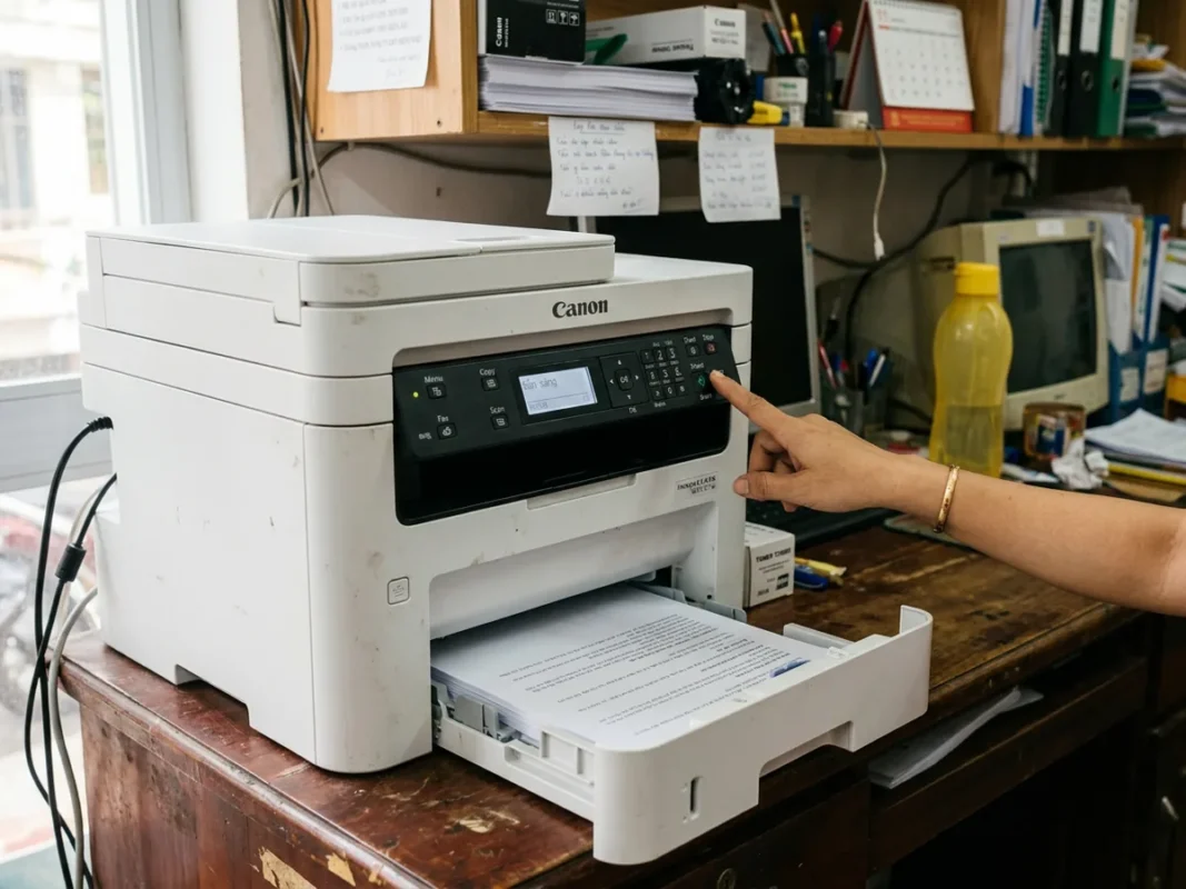 Kiểm tra khay giấy và bảng điều khiển máy in laser văn phòng