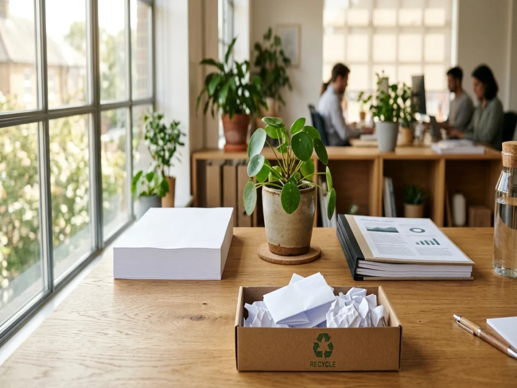 Bàn làm việc văn phòng với tập tài liệu in hai mặt, xấp giấy in A4 và thùng carton thu gom giấy tái chế