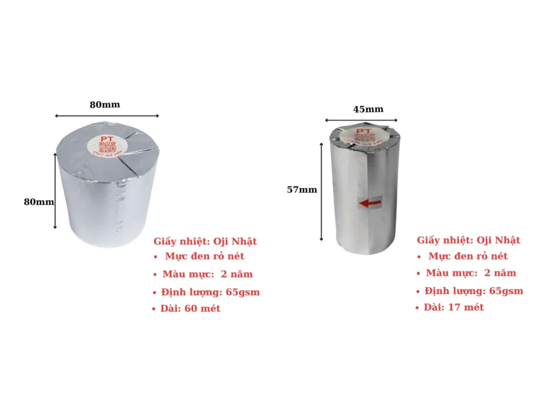 Cuộn giấy in bill K80 phi 80mm và K57 phi 45mm bọc giấy bạc, kèm thông số giấy nhiệt Oji Nhật 65gsm