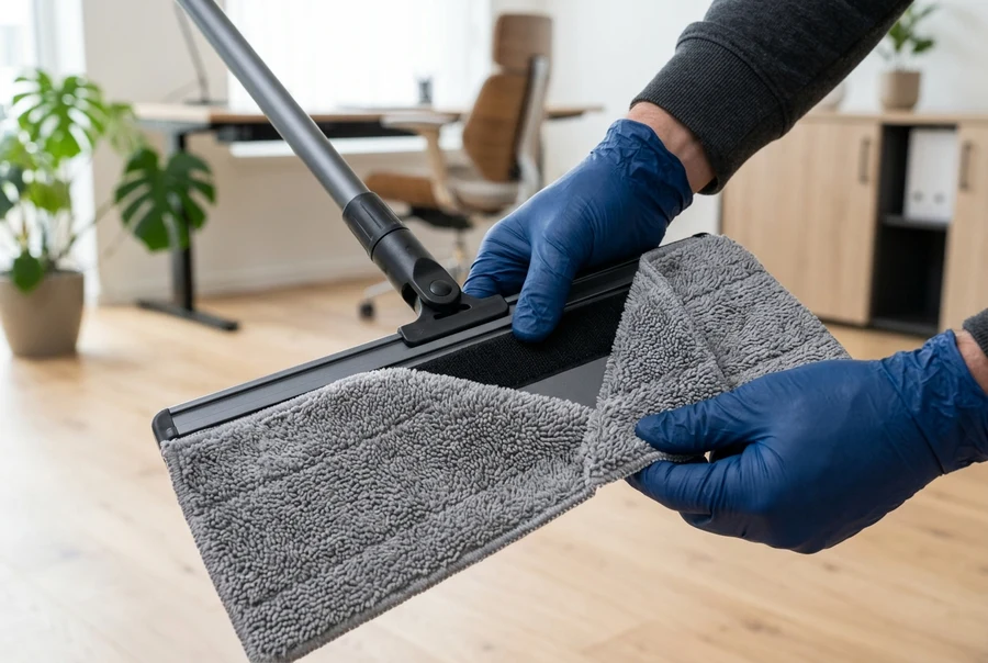 Cận cảnh thao tác gắn tấm giẻ lau microfiber dạng khóa dán xé vào mặt dưới bàn lau phẳng