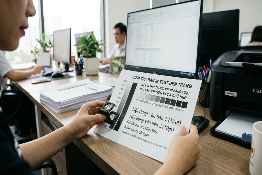 Kiểm tra bản in test đen trắng trên giấy A4 với dải xám chuyển sắc và chữ nhỏ trước khi in hàng loạt
