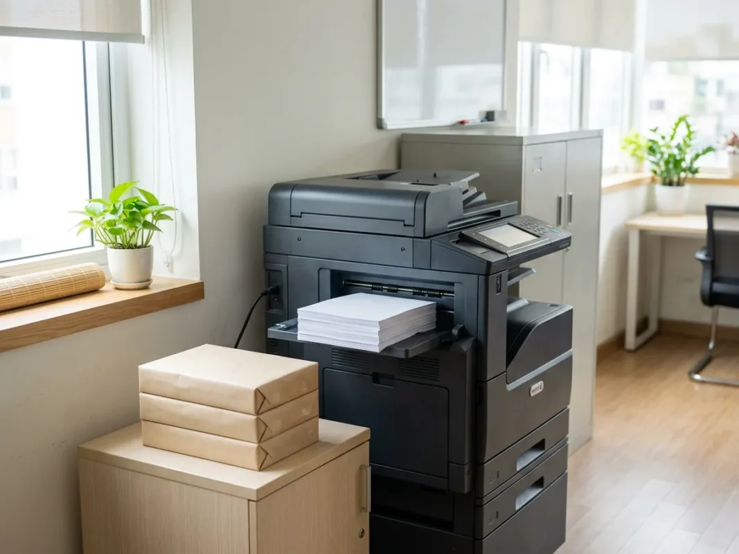 Máy in photocopy đa chức năng tốc độ cao đặt trong văn phòng phục vụ in đảo mặt hai mặt giấy
