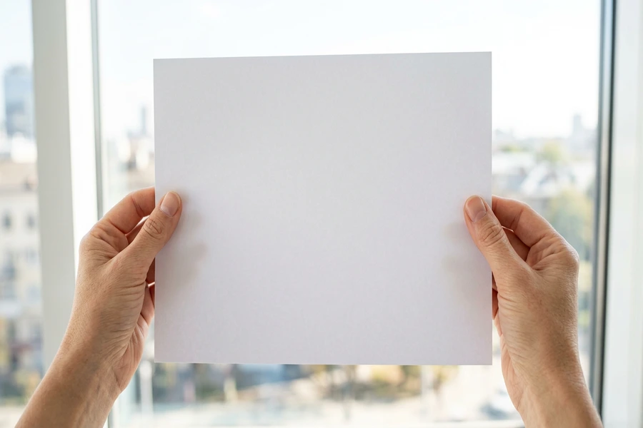 Hai bàn tay cầm tờ giấy in A4 trắng phẳng trước cửa sổ nhiều ánh sáng để kiểm tra độ mịn bề mặt và thớ giấy